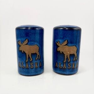 Blue Alaska Moose Salt and Pepper Shakers Glazed Ceramic